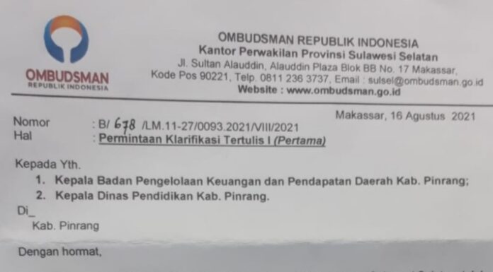 Pangkas Gaji 13 dan THR ASN, BKUD juga Disdik Pinrang Dilaporkan ke Ombudsman THR
